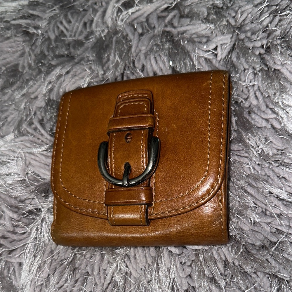 Coach Brown tan Leather Wallet with Buckle pink interior double bifold cute 🥰